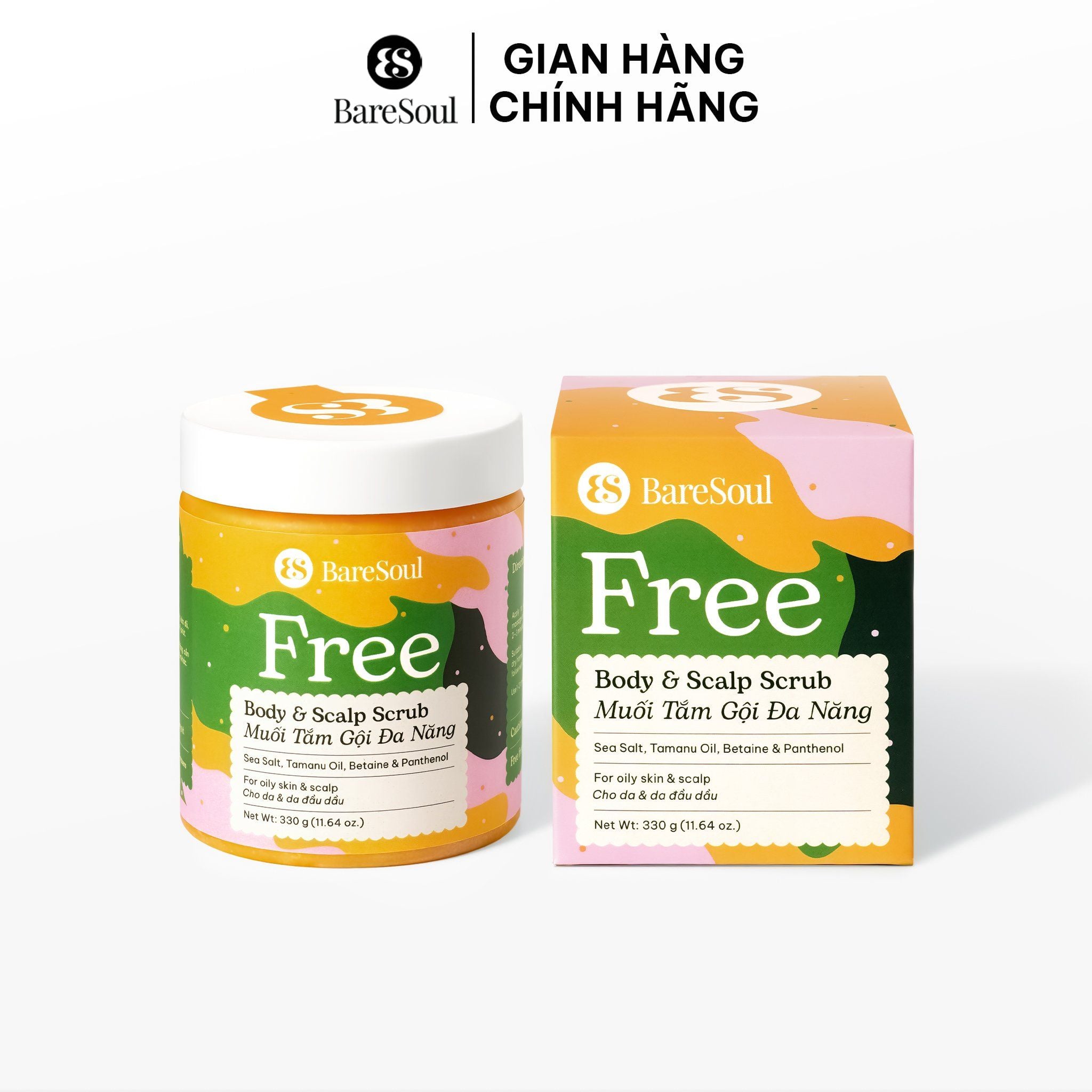  Muối tắm gội tẩy tế bào chết da đầu và body cho tóc bết và da body dầu, mụn Free BareSoul Body & Scalp Scrub 330g - 11.64 oz 