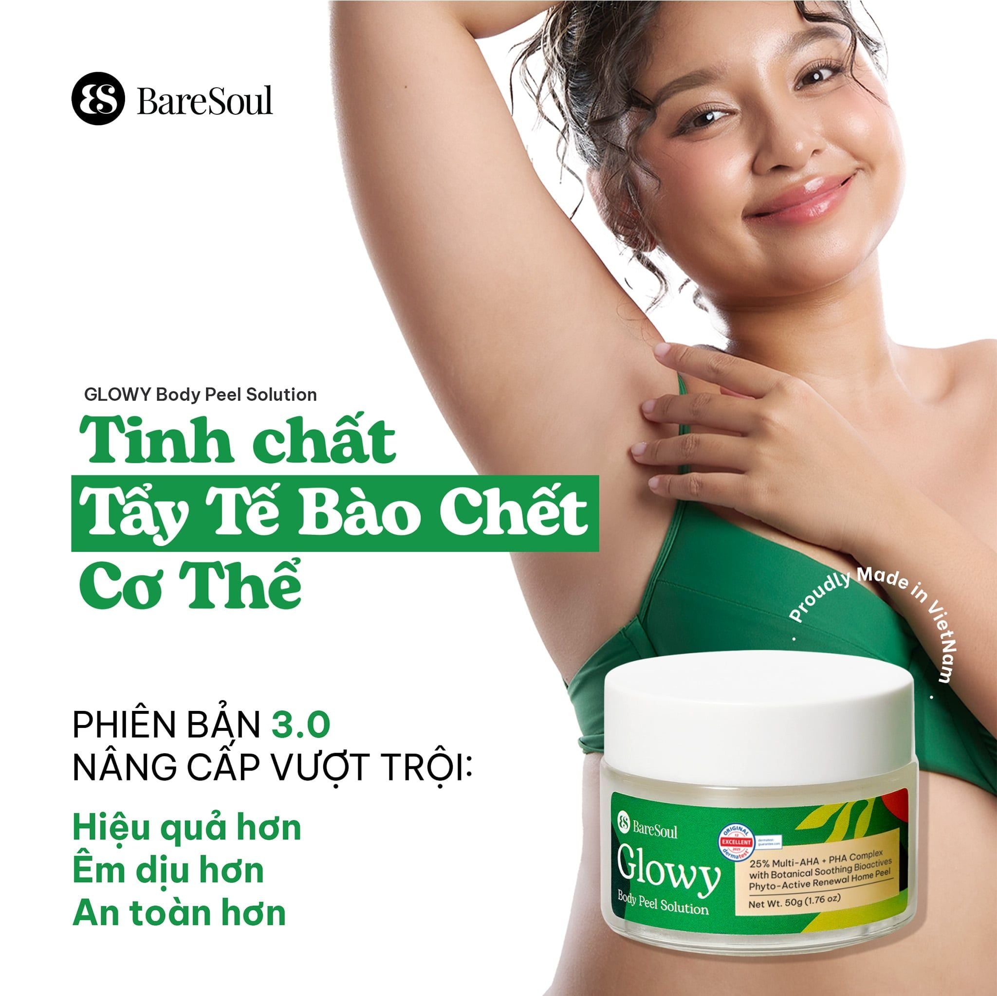  (Công thức mới) Tinh chất tẩy da chết cơ thể cho nách, bikini, đầu gối, khuỷu tay BareSoul Glowy Body Peel Solution 50g - 1.76 oz 