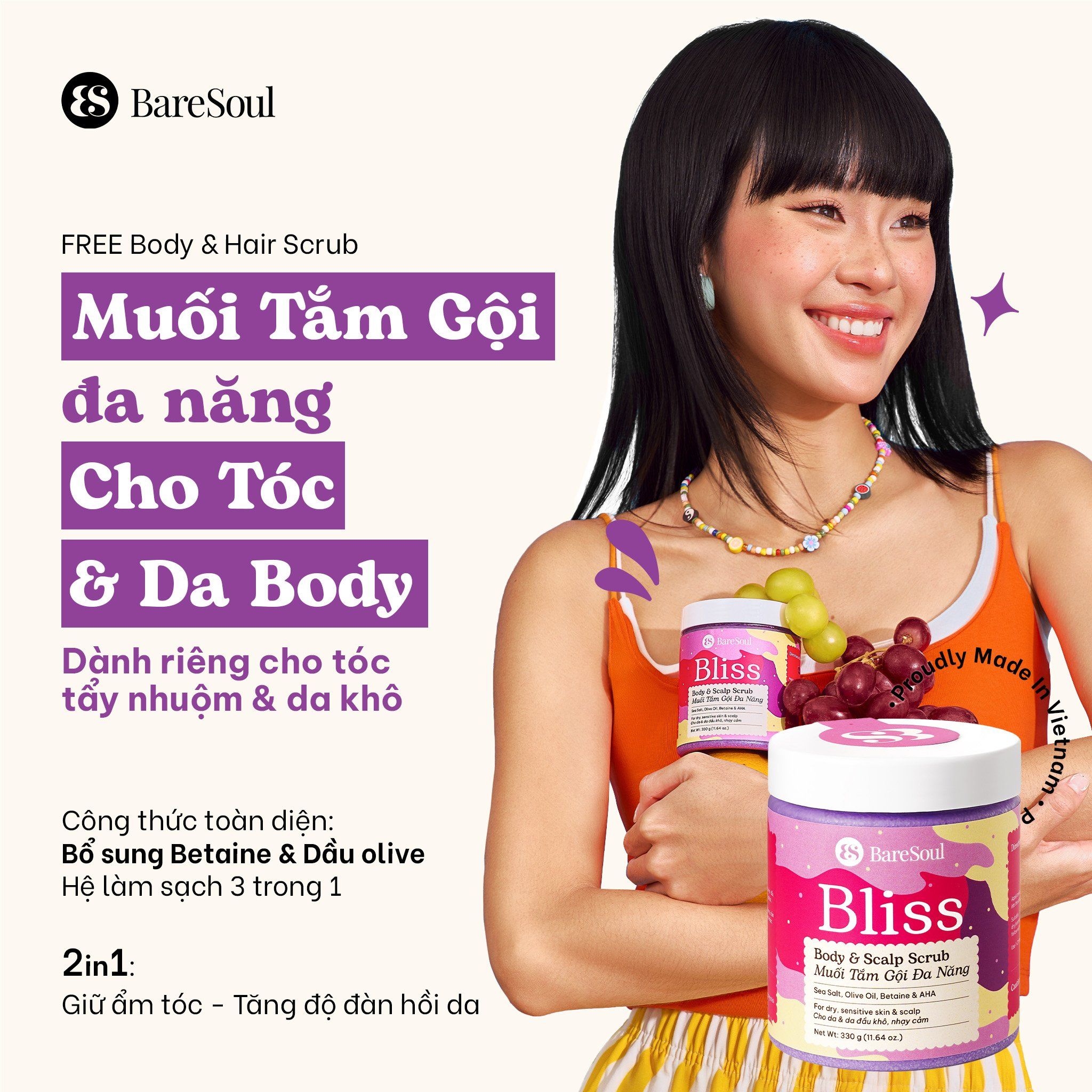  Muối tắm gội tím tẩy tế bào chết da đầu và body cho tóc tẩy nhuộm và da body khô, nhạy cảm Bliss BareSoul Salt Body & Scalp Scrub 330g - 11.64 oz 