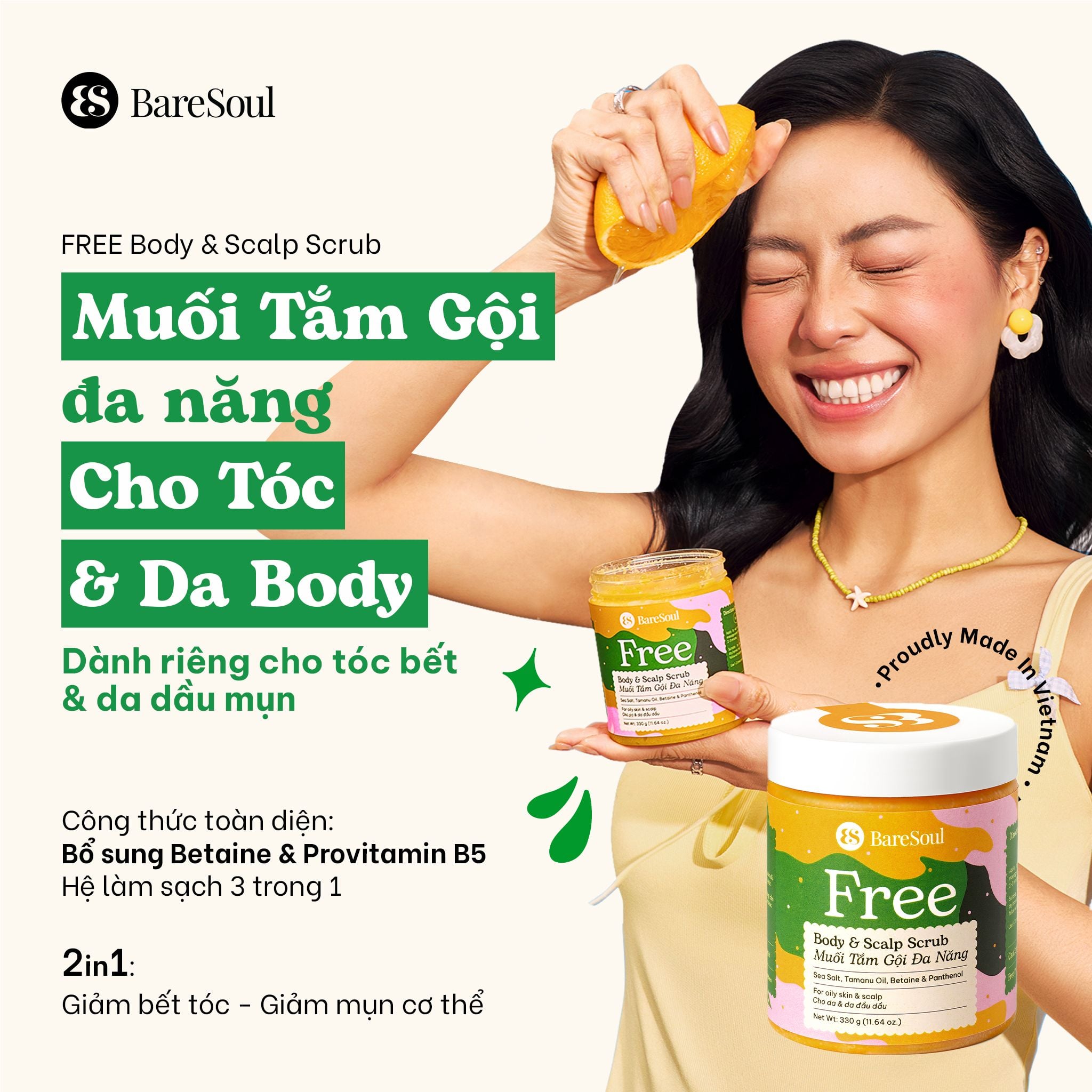  Muối tắm gội tẩy tế bào chết da đầu và body cho tóc bết và da body dầu, mụn Free BareSoul Body & Scalp Scrub 330g - 11.64 oz 