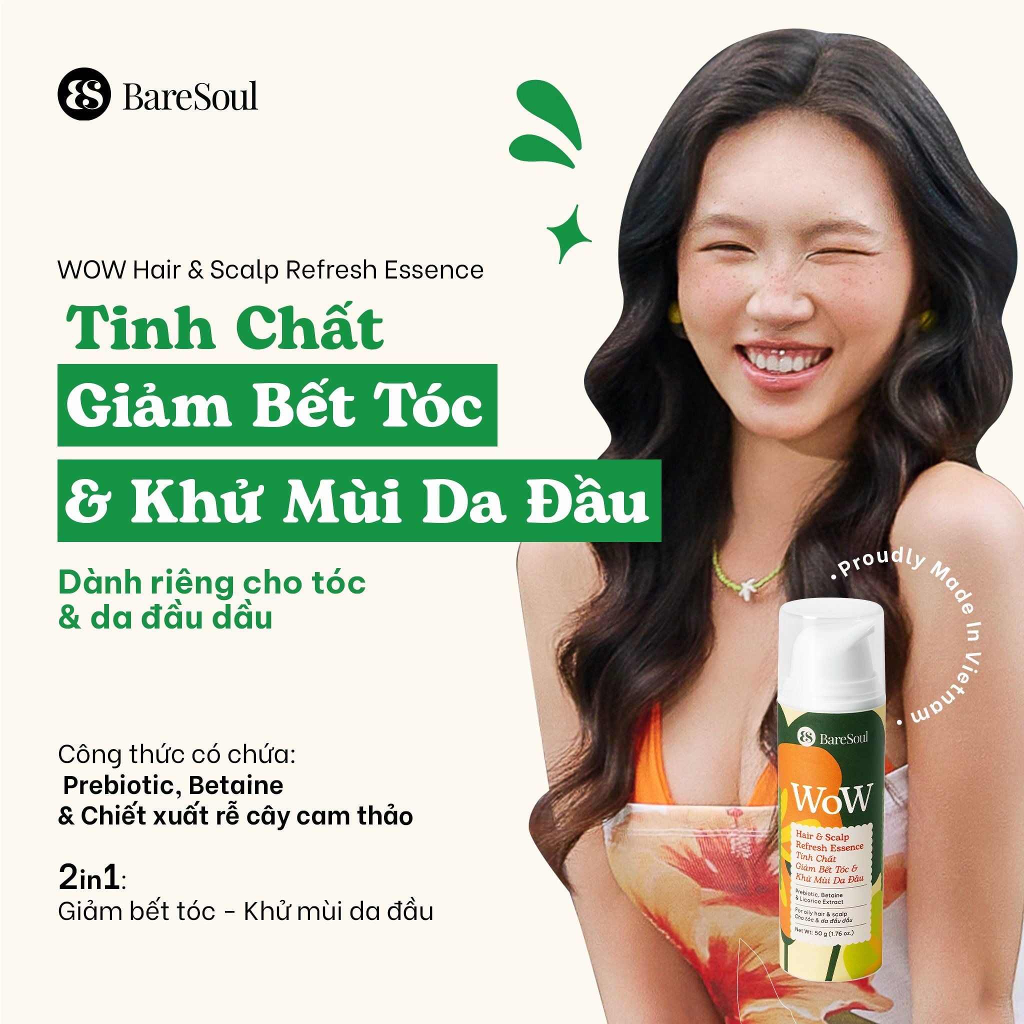  BareSoul Gel Tinh chất làm sạch, kiềm dầu, giảm bết tóc, giúp tóc tơi & khử mùi da đầu WoW BareSoul Hair & Scalp Refresh Essence 50g - 1.76 oz 