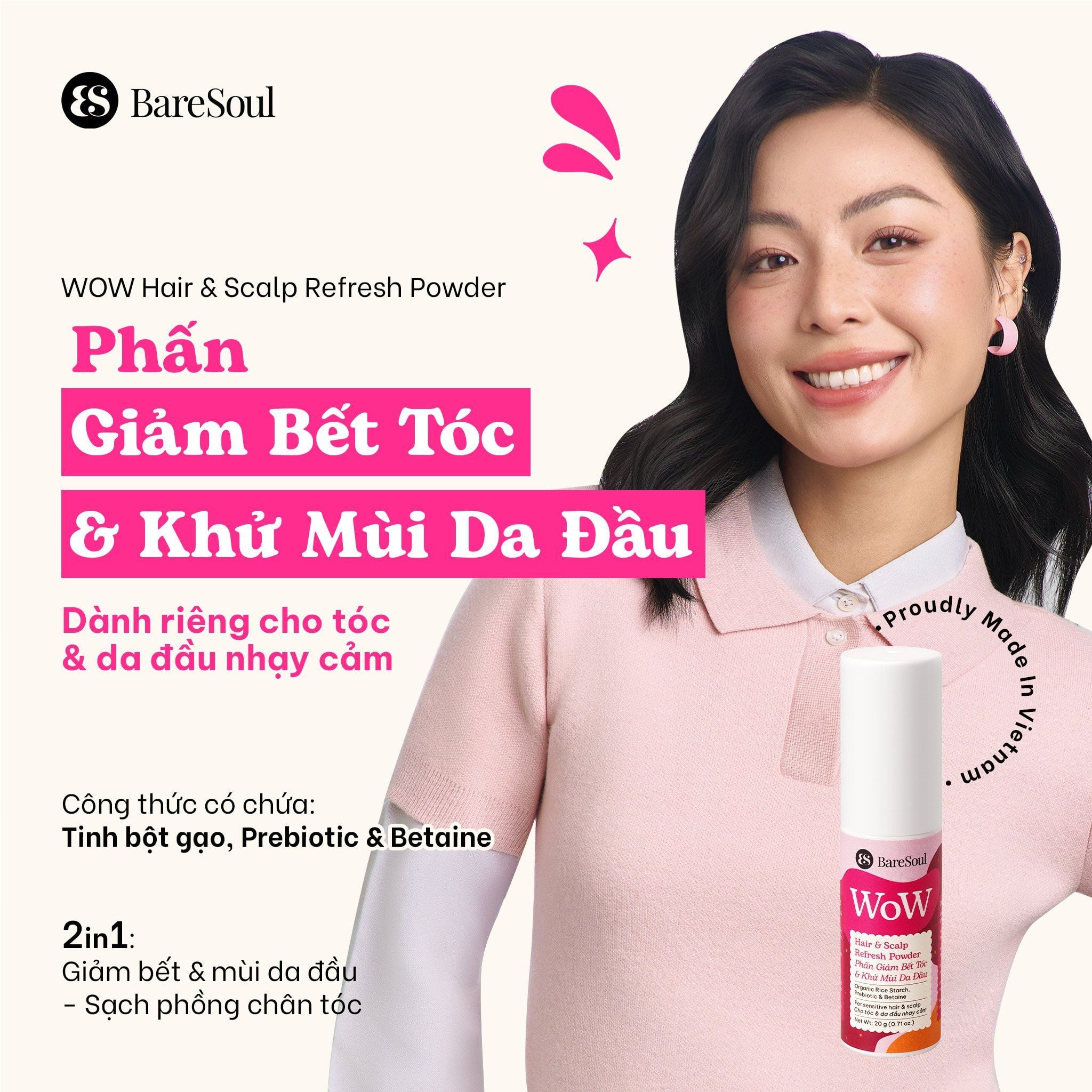  Phấn xịt phồng tóc tự nhiên, kiềm dầu, giảm bết tóc, làm sạch & giảm mùi da đầu, không cặn trắng WoW BareSoul Hair & Scalp Refresh Powder 20g - 0.71 oz 