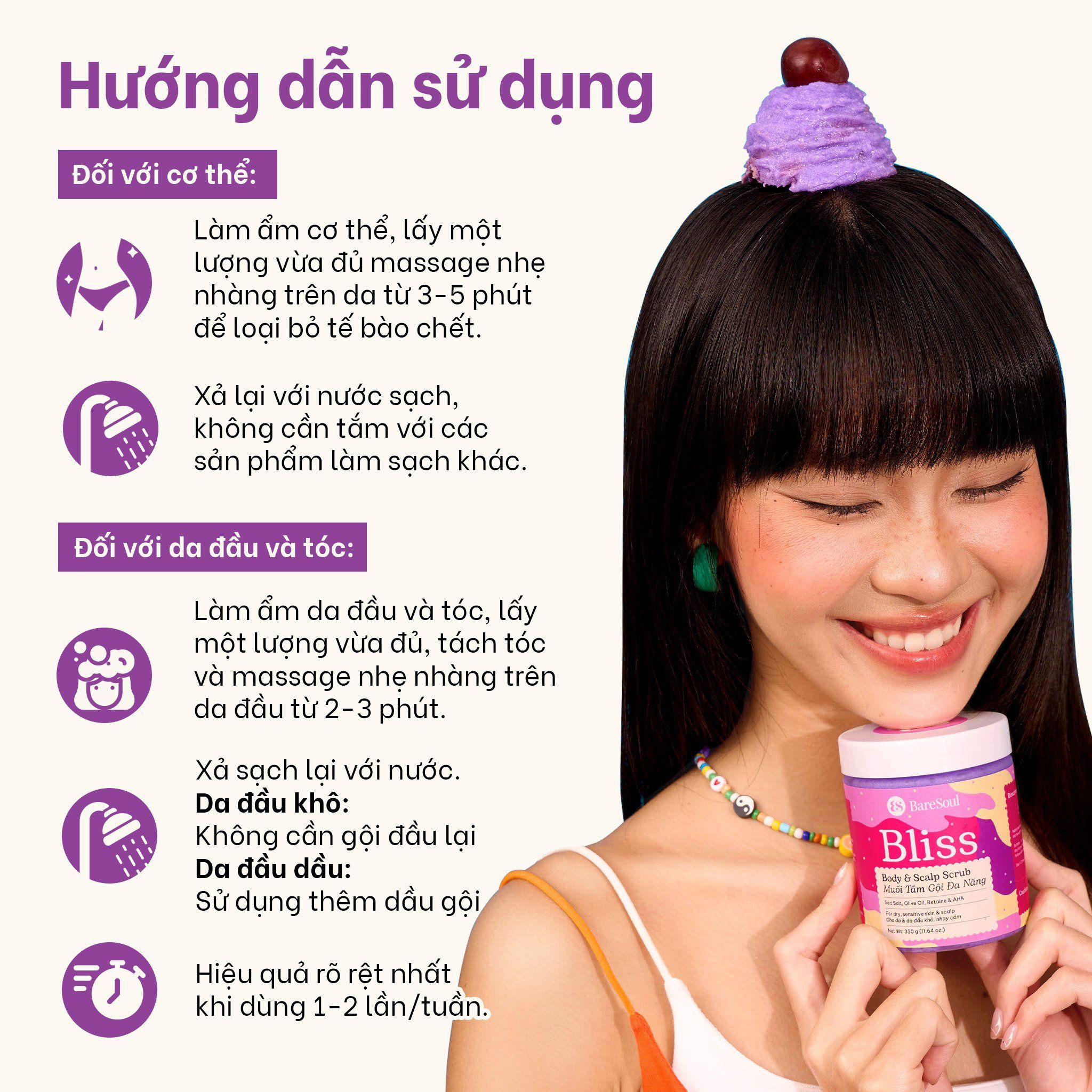  Muối tắm gội tím tẩy tế bào chết da đầu và body cho tóc tẩy nhuộm và da body khô, nhạy cảm Bliss BareSoul Salt Body & Scalp Scrub 330g - 11.64 oz 