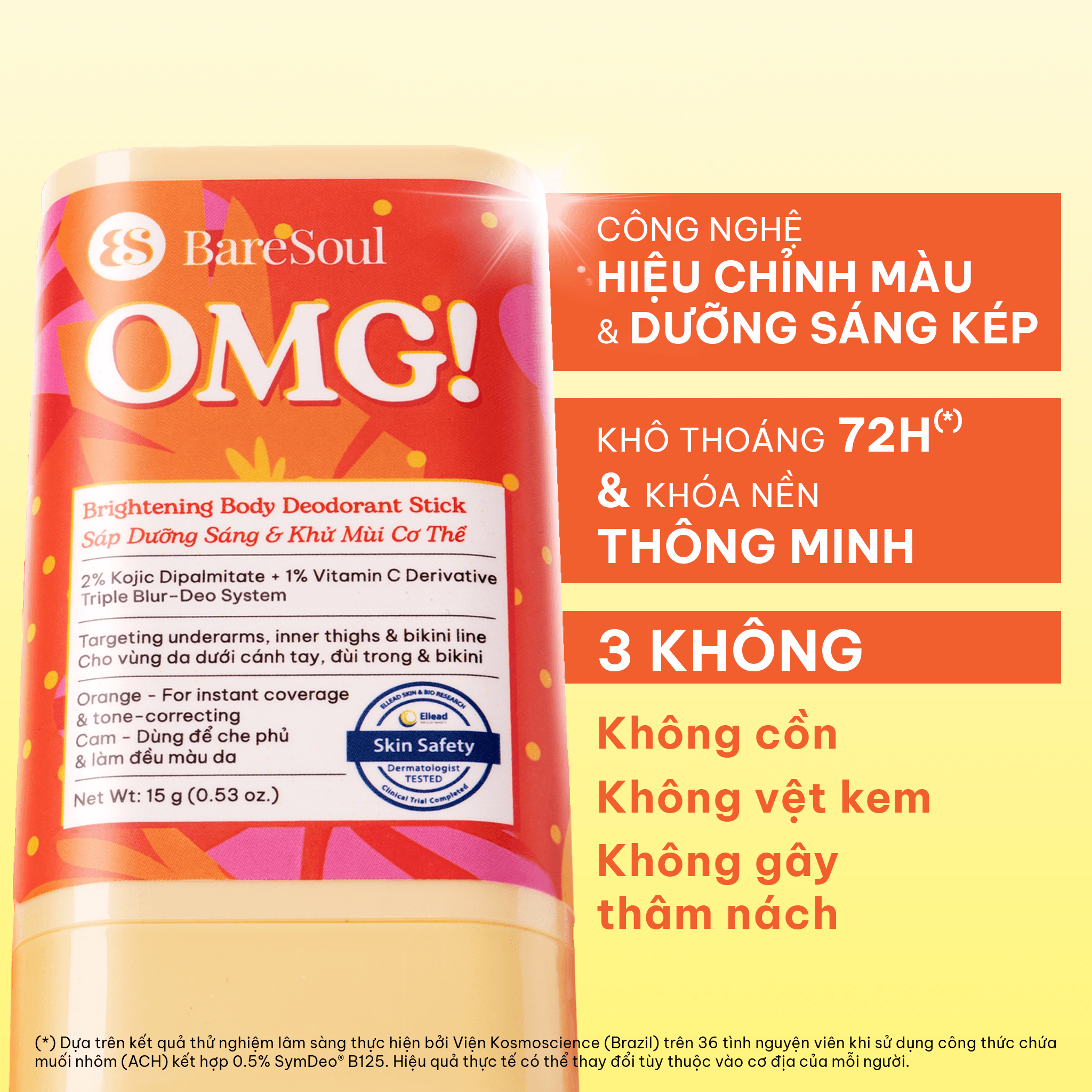 Sáp dưỡng sáng & che khuyết điểm, khử mùi BareSoul OMG Cam 15g - Che phủ tức thì - Giúp làm sáng vùng nách, đùi trong, bikini 