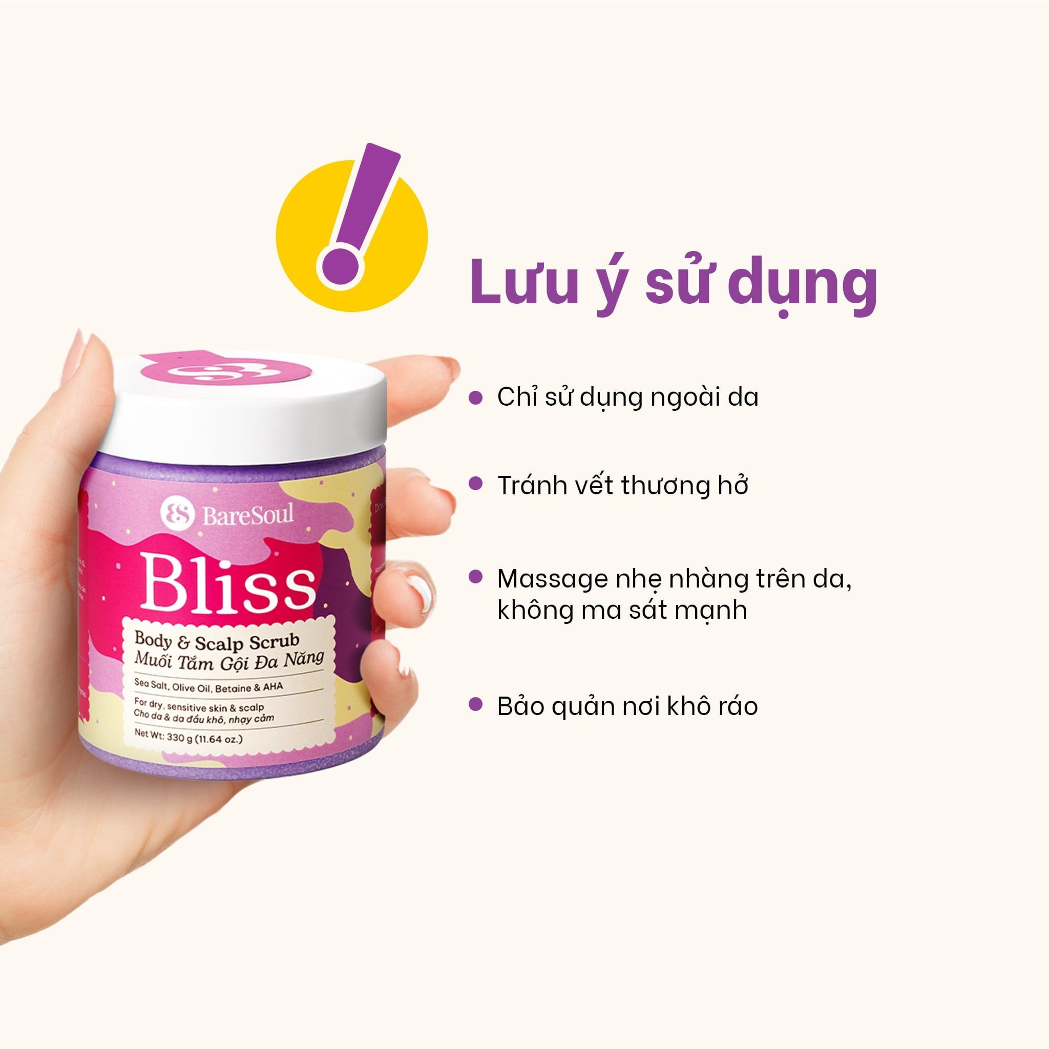  Muối tắm gội tím tẩy tế bào chết da đầu và body cho tóc tẩy nhuộm và da body khô, nhạy cảm Bliss BareSoul Salt Body & Scalp Scrub 330g - 11.64 oz 