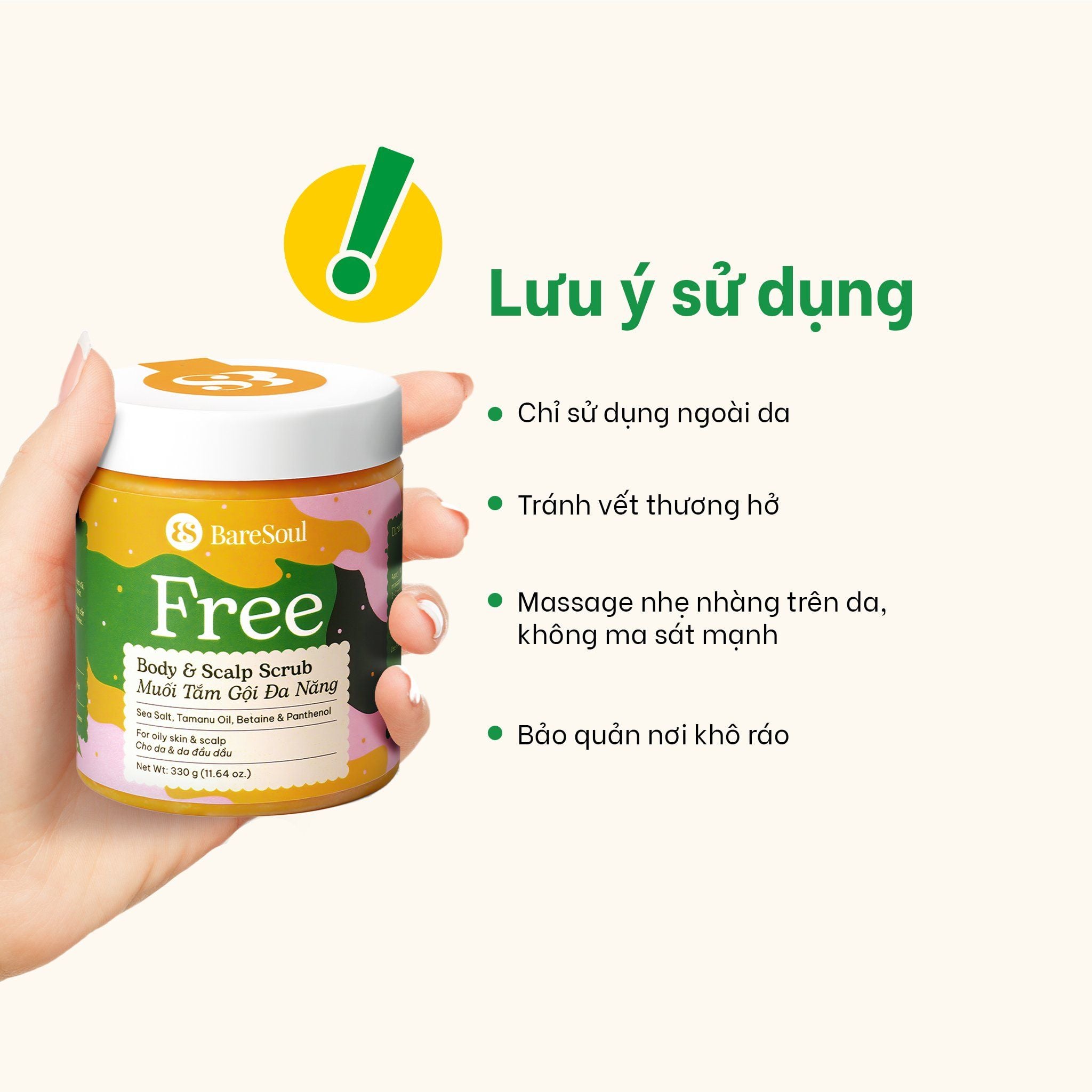  Muối tắm gội tẩy tế bào chết da đầu và body cho tóc bết và da body dầu, mụn Free BareSoul Body & Scalp Scrub 330g - 11.64 oz 