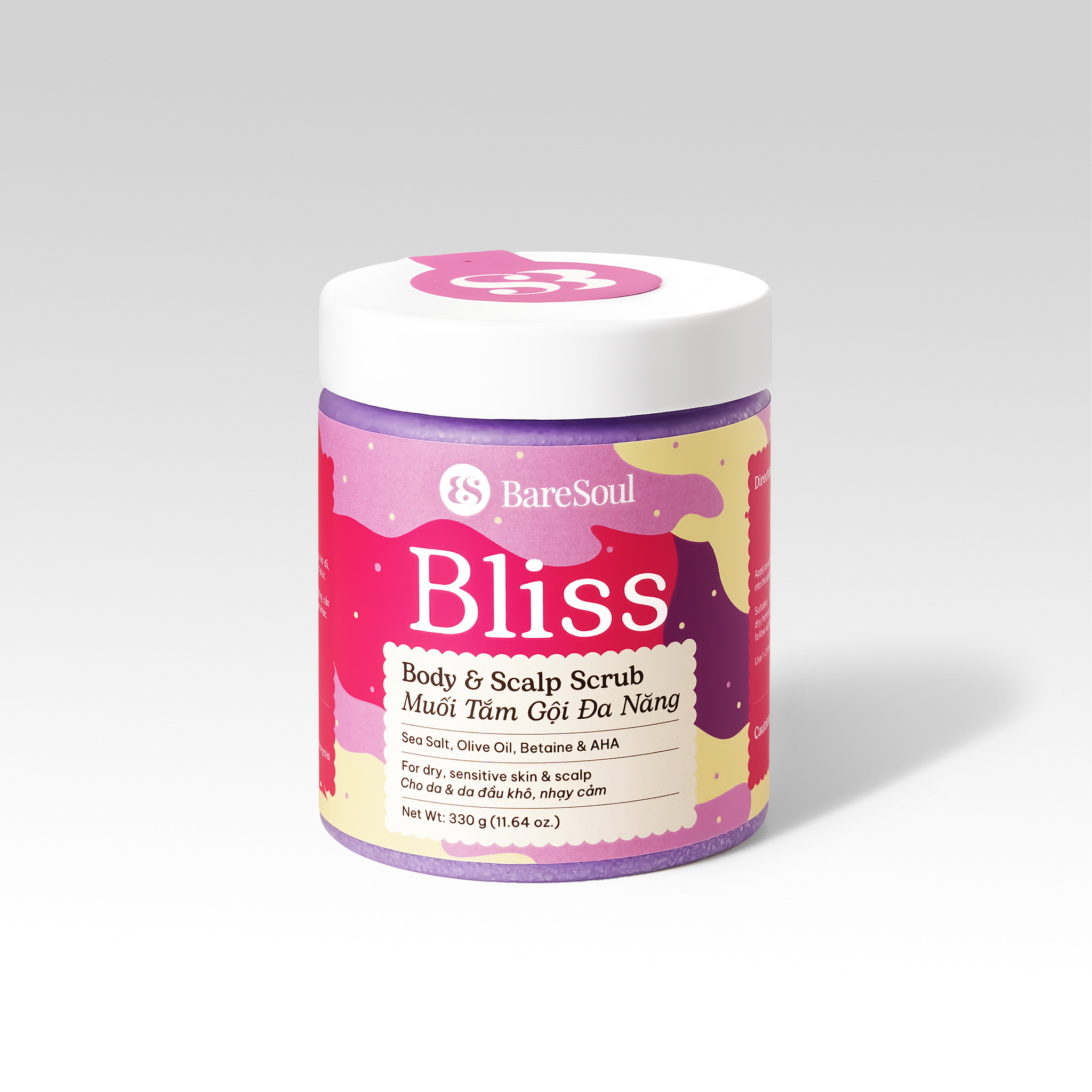  Muối tắm gội tím tẩy tế bào chết da đầu và body cho tóc tẩy nhuộm và da body khô, nhạy cảm Bliss BareSoul Salt Body & Scalp Scrub 330g - 11.64 oz 