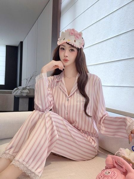 PYJAMA KẺ SỌC PHỐI REN GẤU TÚI ĐÍNH CHỮ ĐÁ PM6842 
