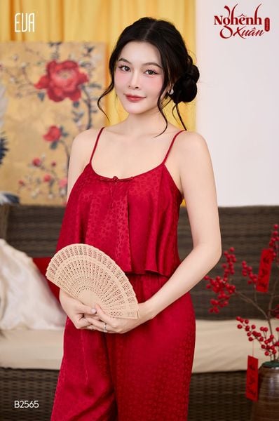  Xuân Nghênh - B2565-1 . Bộ 2 dây dài lụa in hoa áo croptop 