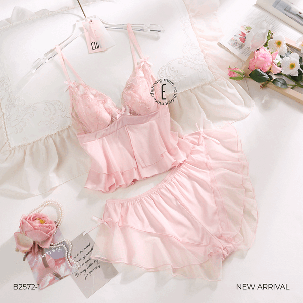  BỘ 2 DÂY NGẮN BABYDOLL PHỐI REN BÈO TẦNG B2572-1 