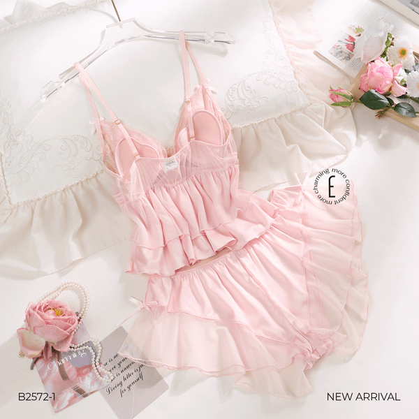  BỘ 2 DÂY NGẮN BABYDOLL PHỐI REN BÈO TẦNG B2572-1 