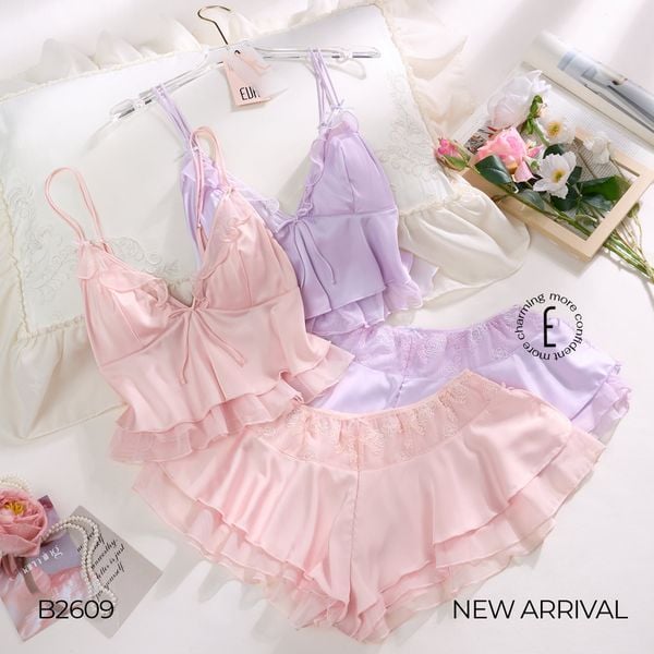  BỘ 2 DÂY NGẮN LỤA SATIN PHỐI VOAN BÈO B2609 