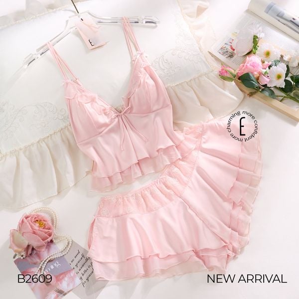  BỘ 2 DÂY NGẮN LỤA SATIN PHỐI VOAN BÈO B2609 