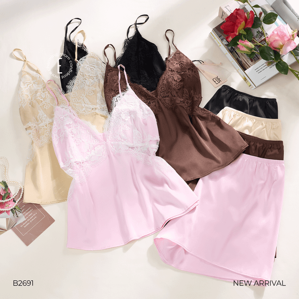  BỘ 2 DÂY NGẮN LỤA SATIN PHỐI REN HOA B2691 