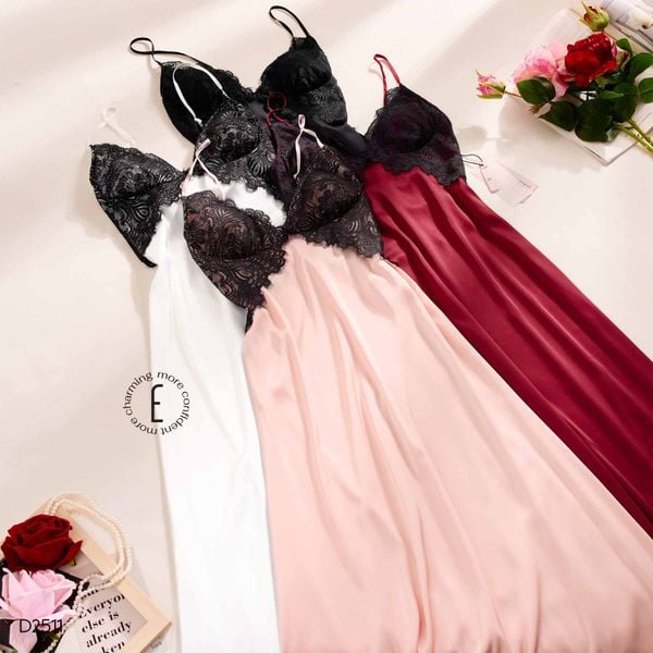  D2511 - Váy lụa satin phối ren dáng dài đệm ngực mỏng 