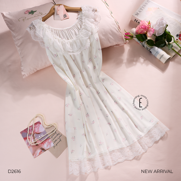  Cherie D2616 | Váy lụa hoa phối bèo ren 
