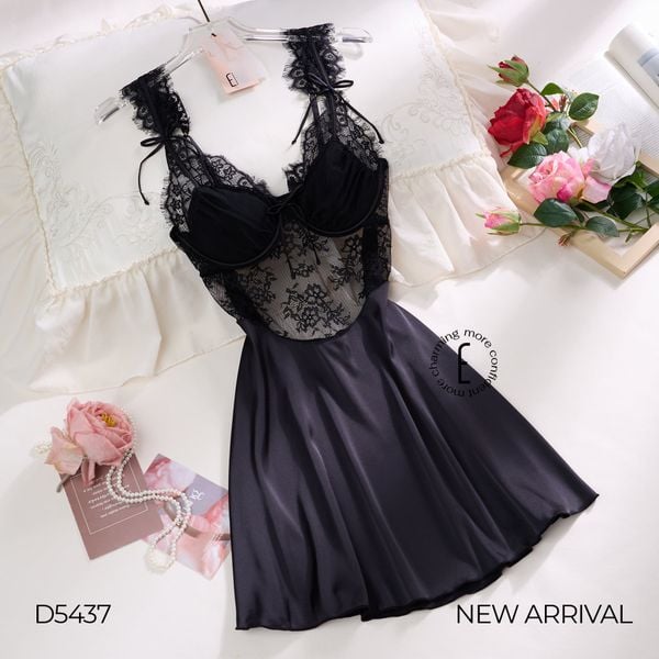  VÁY LỤA SATIN PHỐI REN THÊU HOA D5437 