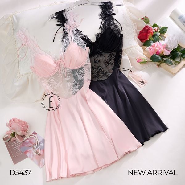  VÁY LỤA SATIN PHỐI REN THÊU HOA D5437 