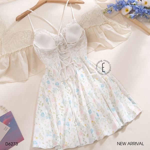  Váy lụa hoa nhí phối ren D6273 