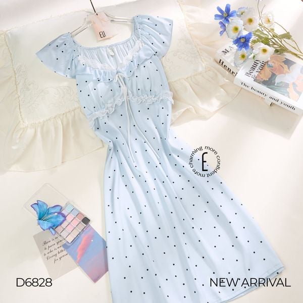  VÁY LỤA CHẤM BI PHỐI REN DÁNG XOÈ CÁNH TIÊN D6828 