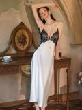  Aveline D2511 | Váy lụa satin phối ren dáng dài đệm ngực mỏng 