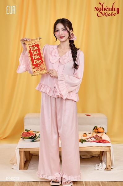  Xuân Nghênh - PM3231 - Pyjama dài lụa satin mềm cổ bèo đính nơ 
