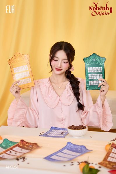  Xuân Nghênh - PM3231 - Pyjama dài lụa satin mềm cổ bèo đính nơ 