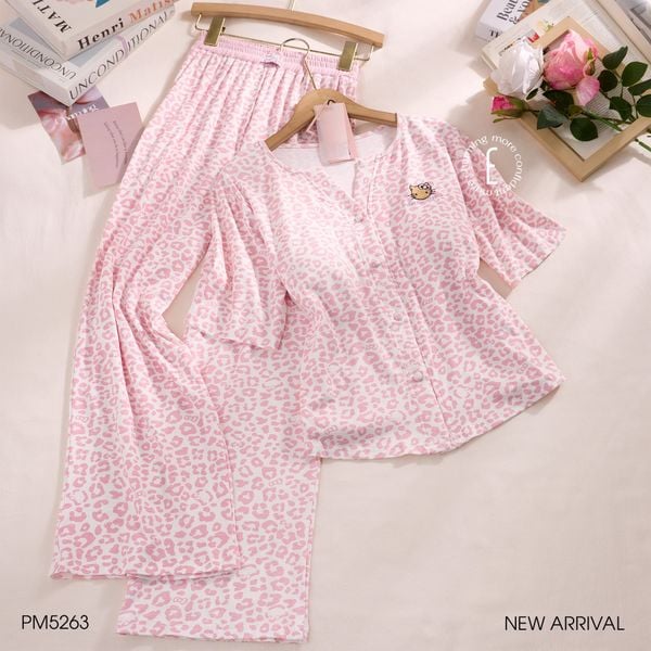  Pinky Set PM5263 - Bộ thun beo hồng đệm ngực mỏng 