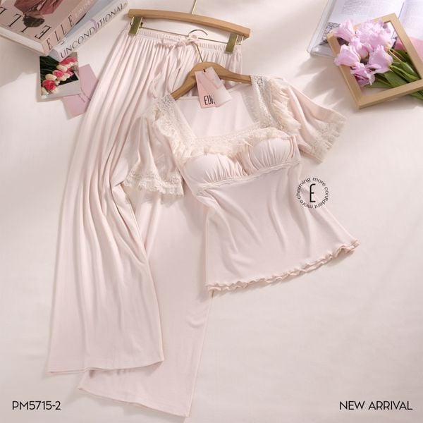  Berry Set PM5715-2 , Bộ thun dài phối ren đệm ngực mỏng 