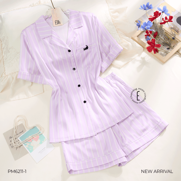  BỘ PYJAMA LỤA NGẮN SỌC KẺ THÊU MÈO PM6211-1 