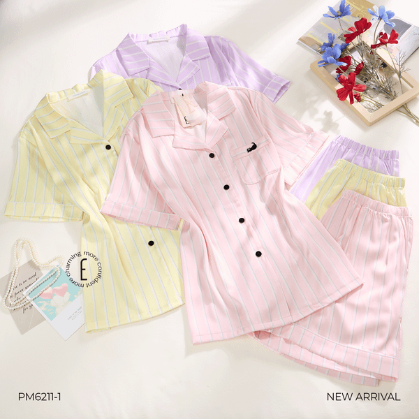  BỘ PYJAMA LỤA NGẮN SỌC KẺ THÊU MÈO PM6211-1 