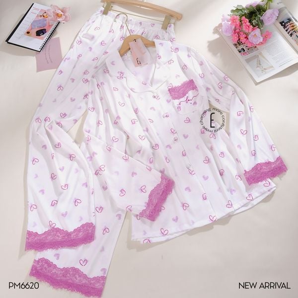  Pyjama dài lụa satin phối ren PM6620 