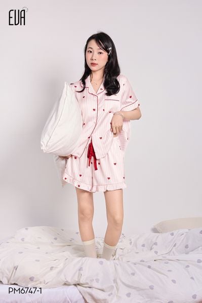 Bisou PM6747-1, Bộ pyjama lụa ngắn hình trái tim-PM96 