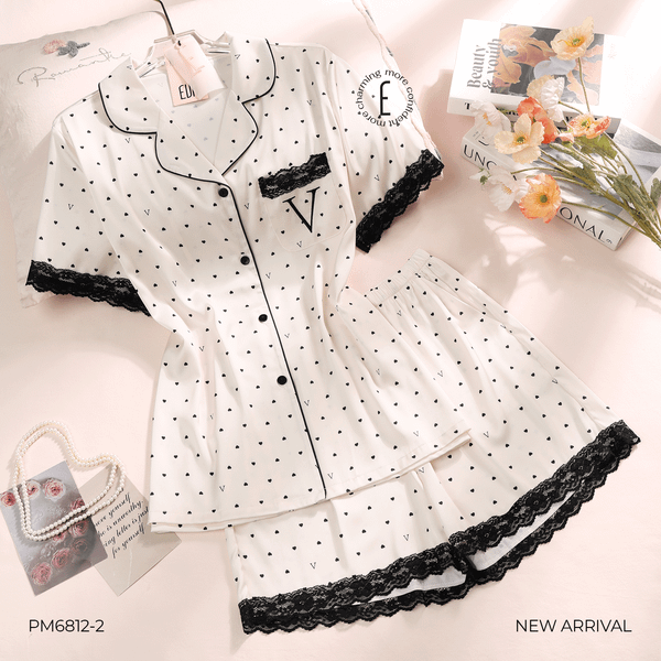  BỘ PYJAMA NGẮN HỌA TIẾT TRÁI TIM NHỎ PHỐI REN PM6812-1 