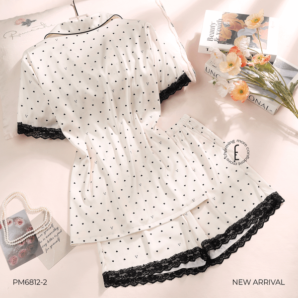  BỘ PYJAMA NGẮN HỌA TIẾT TRÁI TIM NHỎ PHỐI REN PM6812-1 