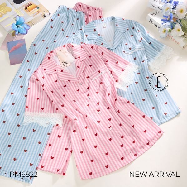  BỘ PYJAMA LỤA PHỐI REN KẺ SỌC TRÁI TIM PM6822 