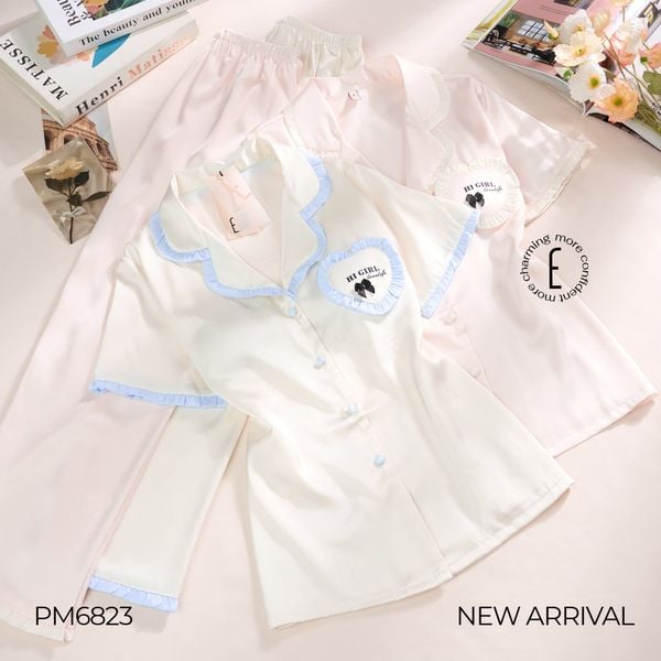  BỘ PYJAMA LỤA CỔ VIỀN BÈO CÓ ĐỆM NGỰC PM6823 