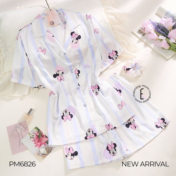 BỘ PYJAMA LỤA KẺ SỌC IN HỌA TIẾT MINNIE PM6826 (KÈM DÂY BUỘC TÓC) 