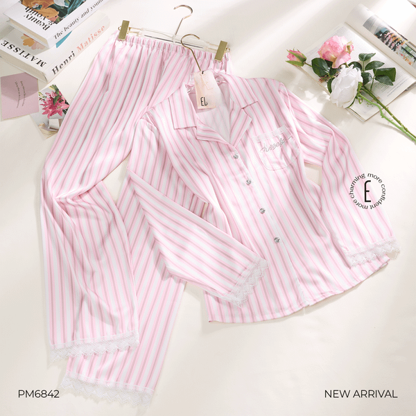  PYJAMA KẺ SỌC PHỐI REN GẤU TÚI ĐÍNH CHỮ ĐÁ PM6842 
