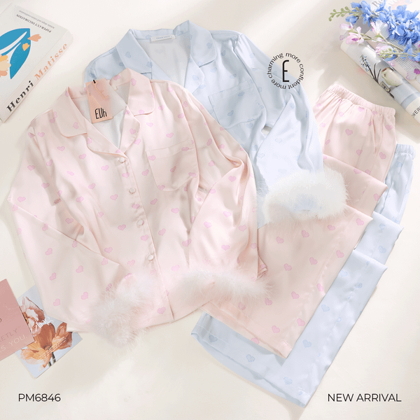  BỘ PYJAMA DÀI LỤA PHỐI LÔNG CỔ TAY HỌA TIẾT TRÁI TIM PM6846 