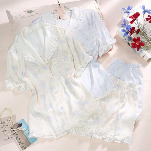  BỘ PYJAMA LỤA CỔ SEN PHỐI BÈO HỌA TIẾT VOI PM6848-1 
