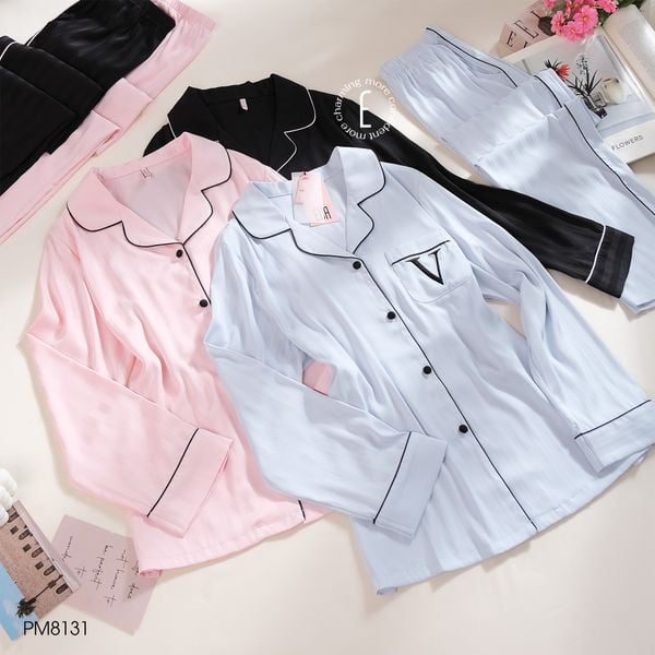  Pyjama lụa dài túi thêu V PM8131 