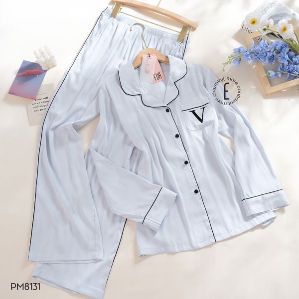  Pyjama lụa dài túi thêu V PM8131 