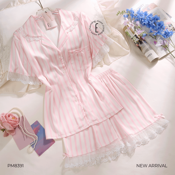  BỘ PYJAMA LỤA NGẮN KẺ SỌC PHỐI REN PM8391 