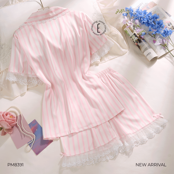  BỘ PYJAMA LỤA NGẮN KẺ SỌC PHỐI REN PM8391 