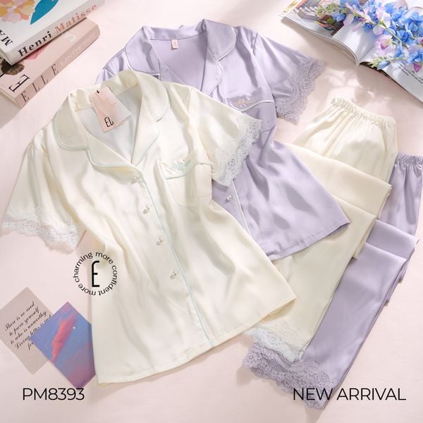  BỘ PYJAMA LỤA TAY NGẮN QUẦN DÀI PHỐI REN PM8393 