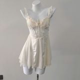  Plissé Dress D6979 - Váy lụa satin phối lưới 