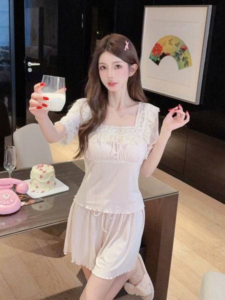  Berry Set PM5715 , Bộ thun ngắn phối ren đệm ngực mỏng 