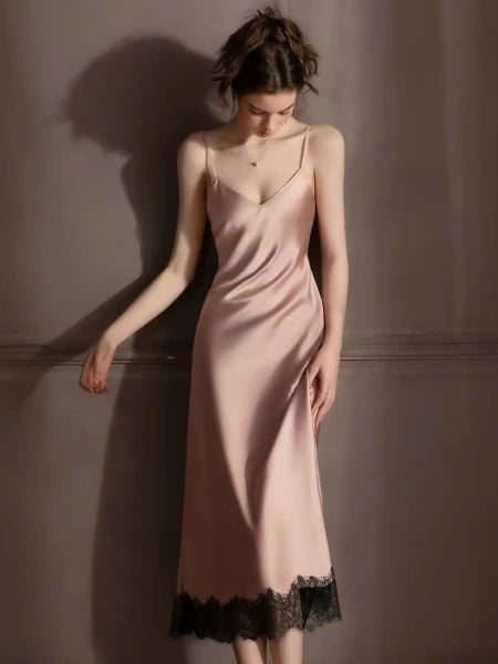  Rosalind D2630 | Váy lụa dài phối ren mềm 