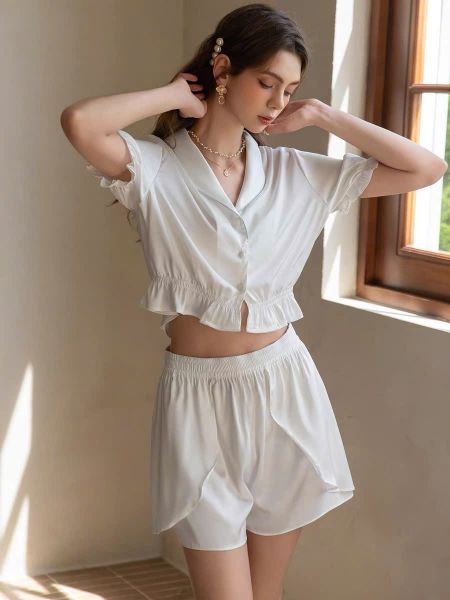 Idyll PM3939 | Bộ pyjama ngắn croptop lụa satin trơn mềm 